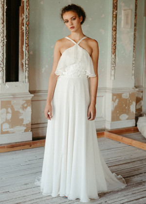 Halter Neck Ivory Embroidered Lace Chiffon Woodland Wedding Dress